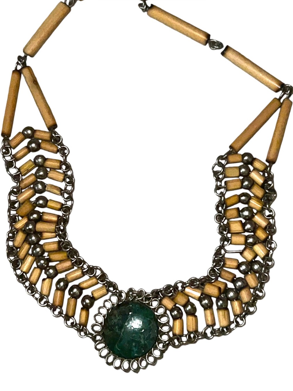 Silver Tone Bamboo Beaded Southwestern Wire Choker Necklace with Teal Stone